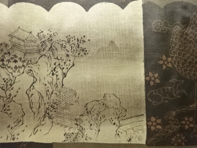 JAPANESE KIMONO / ANTIQUE MENS HAORI / SILK / DORO OSHIMA TSUMUGI / SCENERY & ANIMALS & SARASA (lining)